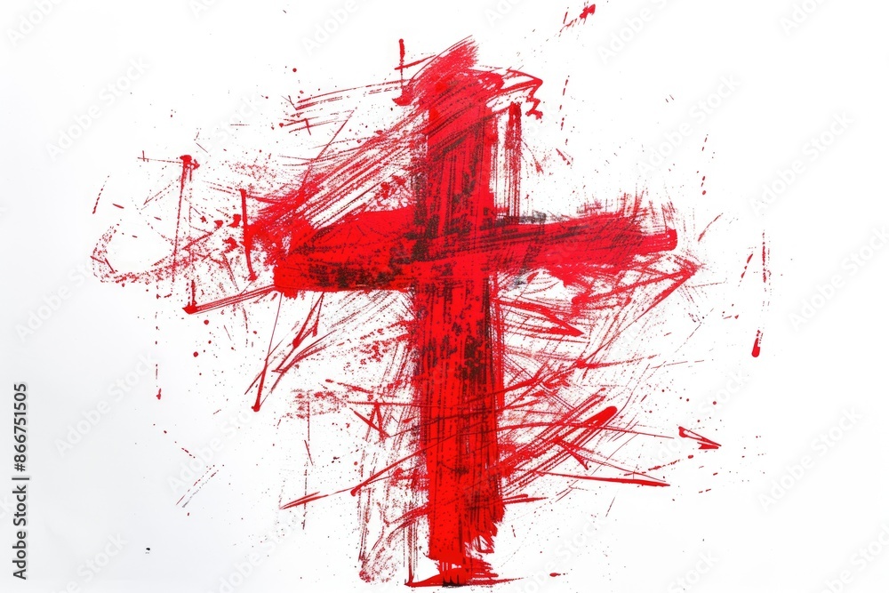 Poster a simple and bold design featuring a red painted cross on a white background, suitable for various u