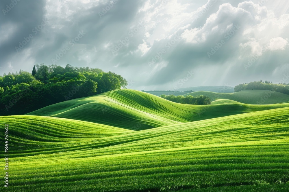 Poster a serene green grass field with trees in the background