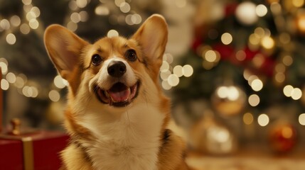 A cheerful corgi smiles in front of a festive Christmas tree decorated with lights and ornaments.