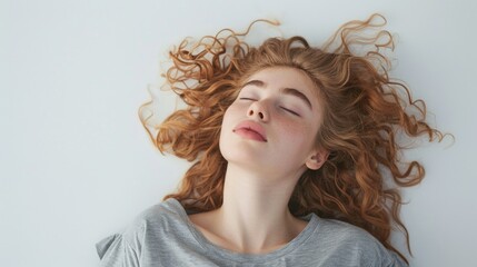 A woman with vibrant red locks reclines in a relaxed position, highlighting her striking hairstyle