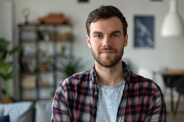 Obraz premium Portrait of a content man in his 20s wearing a comfy flannel shirt in front of modern minimalist interior