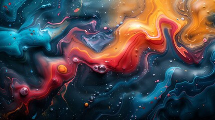 Obraz premium Vibrant liquid acrylic paint swirls and mixes in a mesmerizing display of color on textured background. Full frame image features blue. Orange. Red. Yellow. Pink. Purple. Green. Black. And white hues