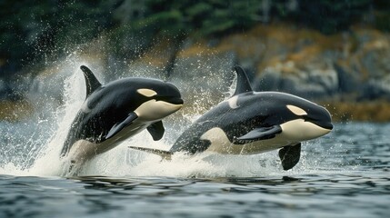 Fototapeta premium Two Killer Whales Leaping Through the Water