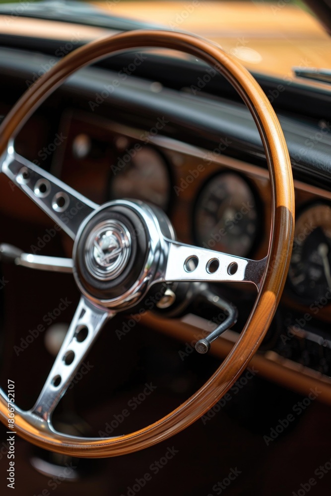 Poster A close-up view of a car's steering wheel, perfect for automotive-related uses such as product demonstrations or tutorials
