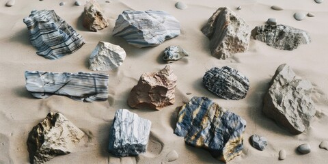 A collection of rocks on a sandy surface