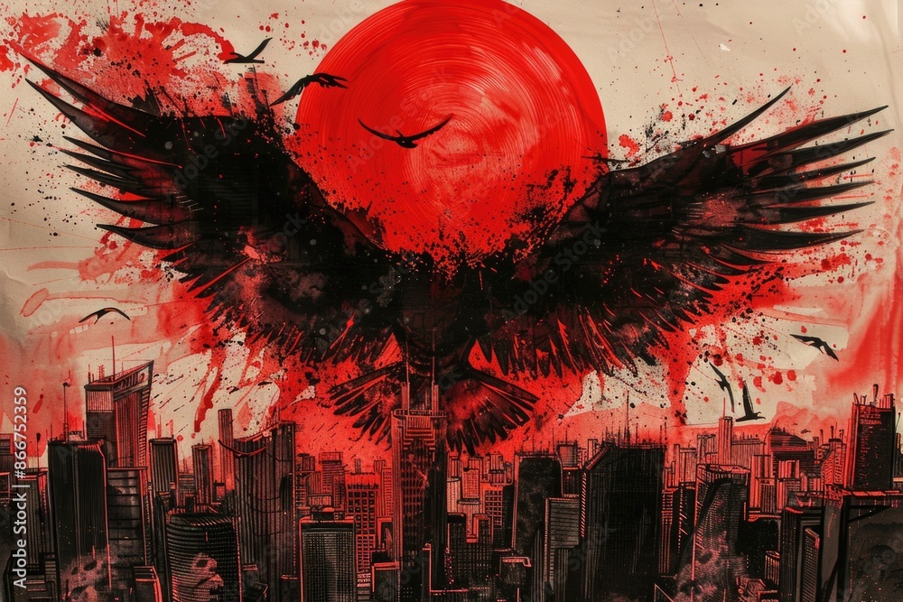 Poster urban landscape with a bird in flight, great for travel or architecture projects