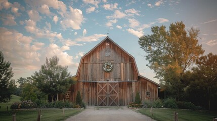 Obraz premium A rustic farmhouse with a festive wreath on its front door, ideal for seasonal or country-themed designs