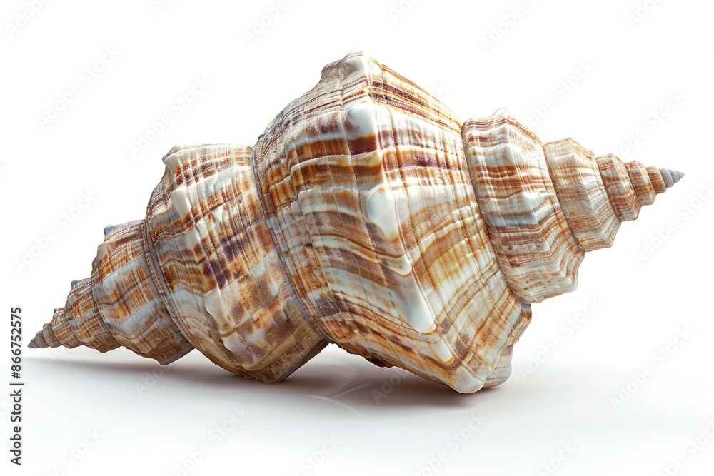 Poster a large shell placed on a white surface, suitable for use in still life photography, product display