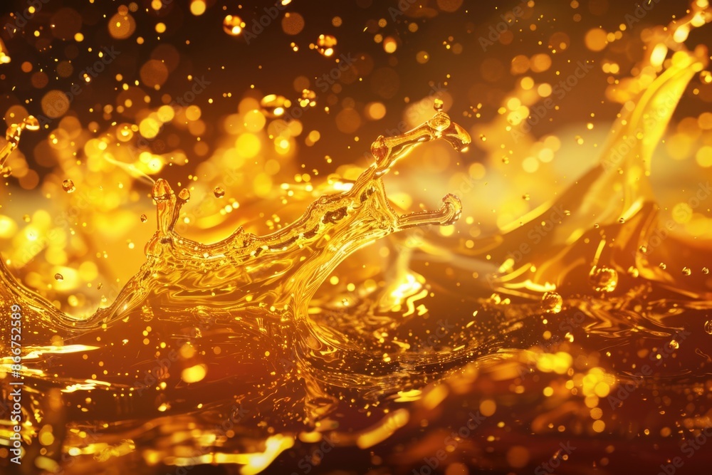 Poster a close-up shot of a golden liquid pouring onto a black surface, creating ripples and patterns