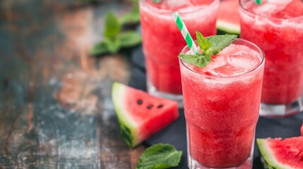 Refreshing watermelon juice on a wooden table with ice, mint garnish, and watermelon slices.