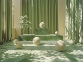 White balls rest on green podiums and a green carpeted floor, bathed in soft sunlight streaming through sheer curtains.