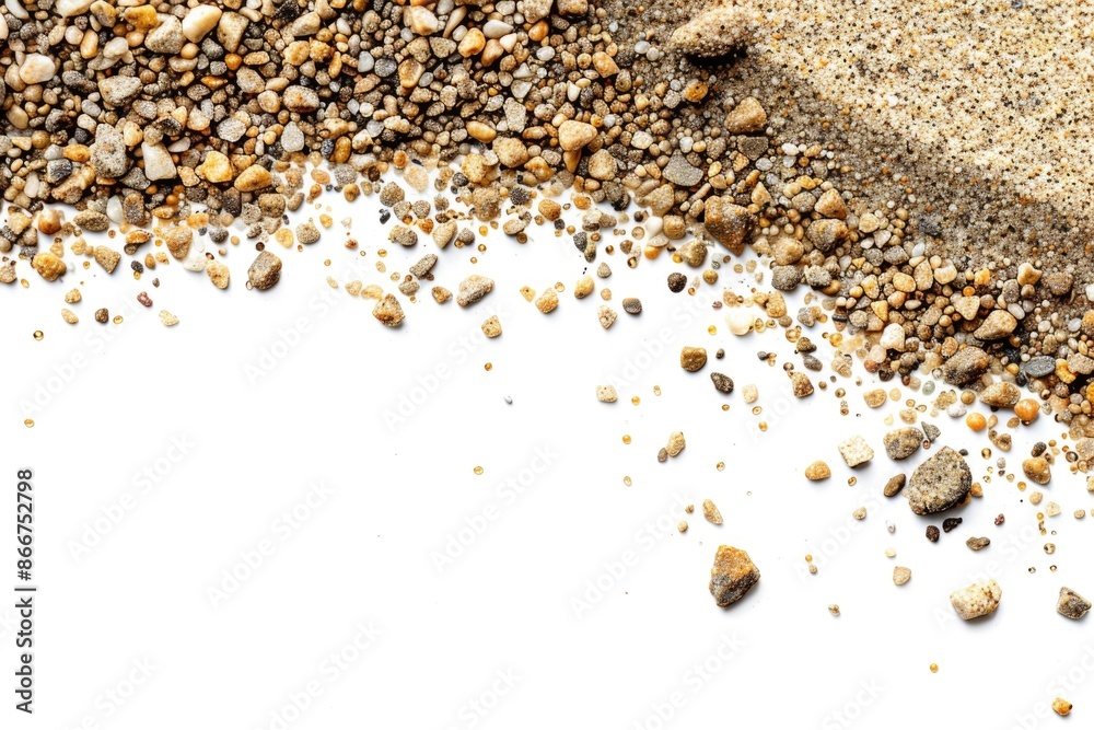 Poster a pile of rocks and gravel on a clean white surface, suitable for use in backgrounds or textures