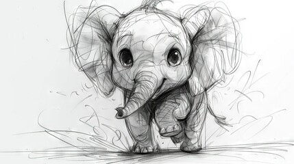   A black and white illustration of an elephant's head and tusks, accompanied by a solitary line depicting its trunk