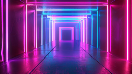 Fototapeta premium Abstract neon light geometric background setting. Glowing neon lines. Empty futuristic stage laser. Colorful rectangular laser lines. Square tunnel. Night club empty room. Laser show design