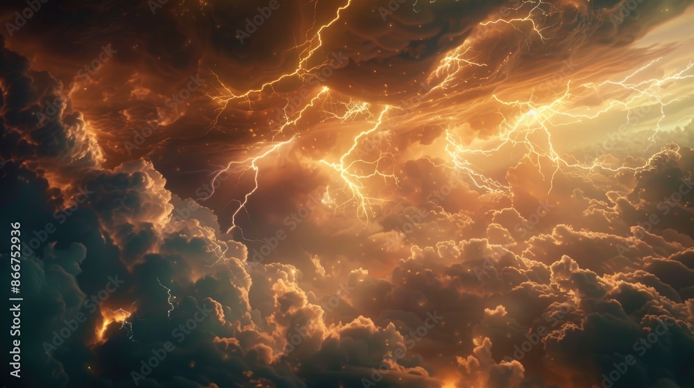 Poster A cloudy sky with lightning, suitable for use in weather or storm-related contexts