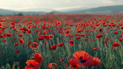 A field of red flowers against a backdrop of majestic mountains
