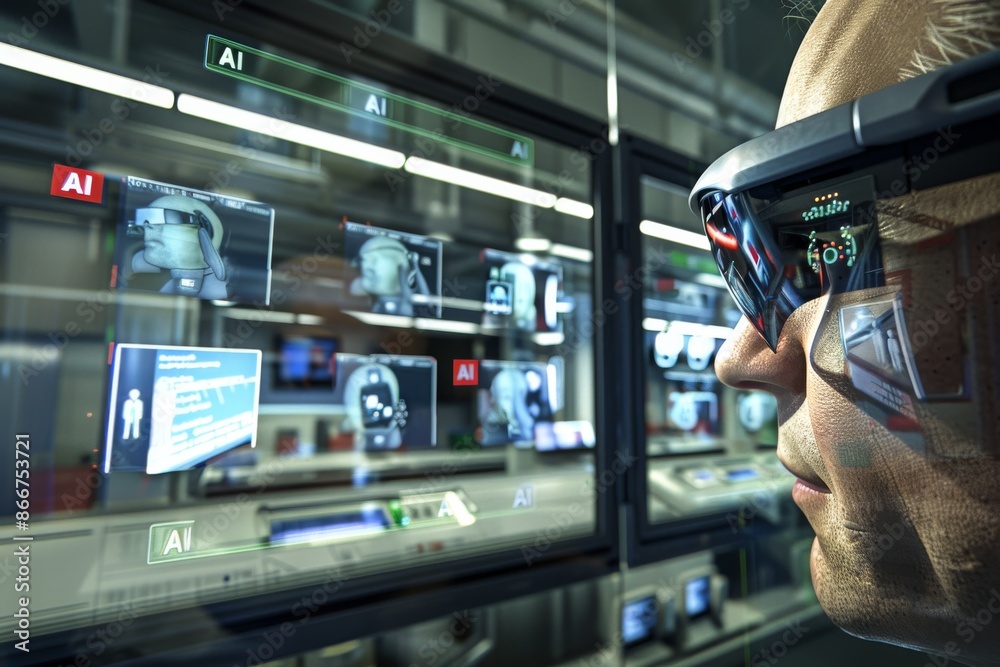 Wall mural man using ar glasses to interact with ai holographic displays in a high tech environment