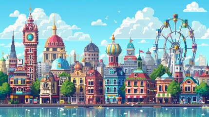 Obraz premium A whimsical cityscape with colorful buildings, a ferris wheel, and a waterfront.
