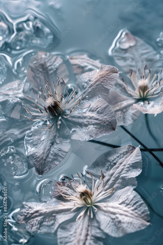 Poster a calm scene with flowers floating on the surface of the water