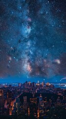 Obraz premium Starry night sky over a city skyline with glowing skyscrapers, bustling city lights, panoramic perspective, vibrant and captivating