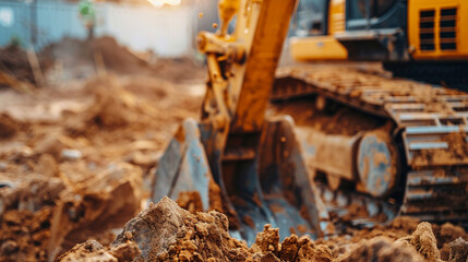 Fototapeta premium Backhoe bucket digs the soil at construction site. Crawler excavator digging on demolition site. Excavating machine. Earth moving equipment. Excavation vehicle. Construction business