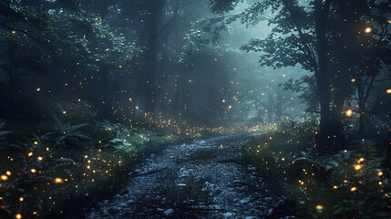 Obraz premium A swarm of fireflies lighting up a dark forest
