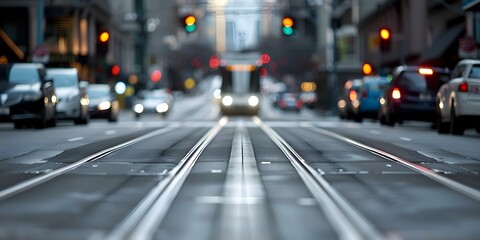 Busy intersection with sleek cars overhead light rail citys dedication to biofuels. Concept Busy Intersection, Sleek Cars, Overhead Light Rail, Biofuels Dedication, Urban Transportation