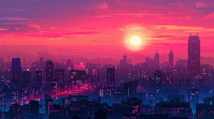 A vibrant sunset casts a pink and purple glow over a futuristic cityscape.  The sun is setting behind the city skyline, casting long shadows.