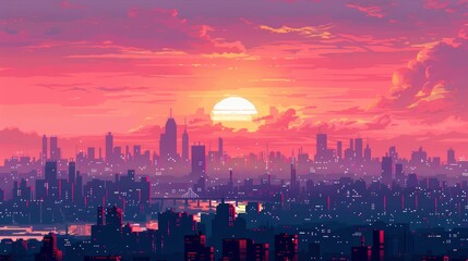 Obraz premium A vibrant sunrise over a sprawling cityscape, with the sun casting a warm glow over the buildings and the clouds.