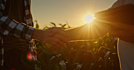 Handshake of two farmers against a cornfield at sunset.