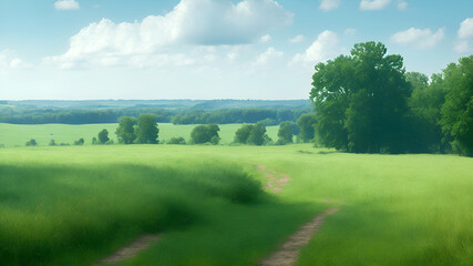 Obraz premium Summer landscape with green grass in a field in sunny weather, AI generation