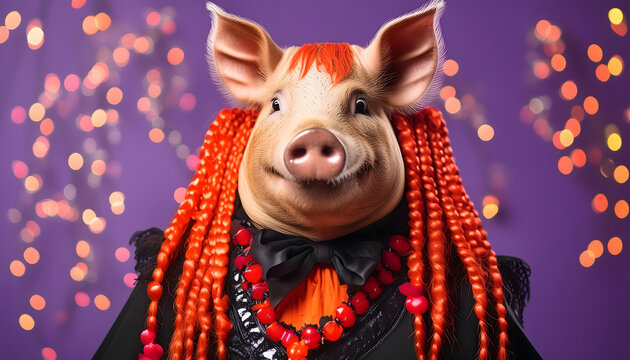 Schwein, Eber, im, halloween, kost&uuml;m, mit, roter, per&uuml;cke, blut, bizarre, rot, Z&ouml;pfe, solid, lila, vor, Hintergrund, modern, neu, tier, surreal, bizarre, Zombie, Maske, maskerade, grinsend, l&auml;chelnd, 