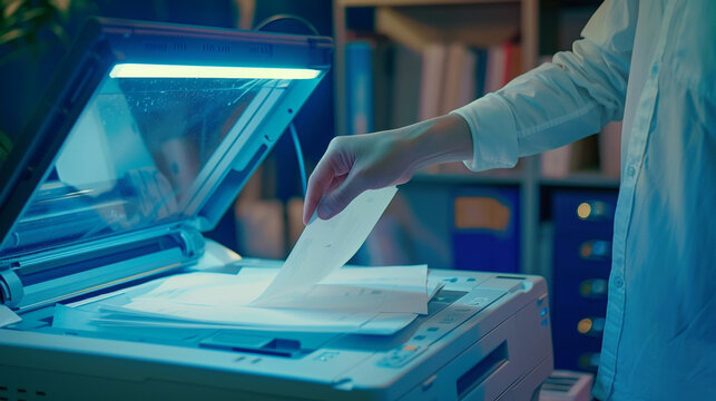 Businessman print paper on a laser printer in an office. Document and paperwork. Secretary work. Copy, print, scan, and fax machine. Print technology