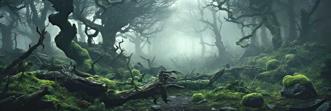 The dense, slumberous forest with trees among moss-covered stones in the morning mist