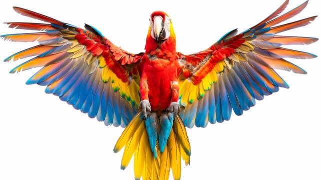 Colorful macaw parrot with wings spread on white background, vibrant colors. Exotic bird and wildlife concept