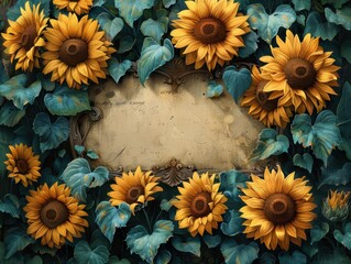 An ornate text box with a border of sunflowers and ivy leaves. 