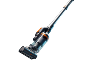 A sleek and stylish cordless vacuum cleaner suspended in mid-air against a stark white backdrop, its sleek lines and vibrant colors highlighted by the contrast. on white background