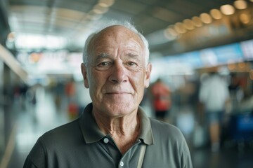 Fototapeta premium Portrait of a content caucasian man in his 70s wearing a sporty polo shirt isolated on busy airport terminal