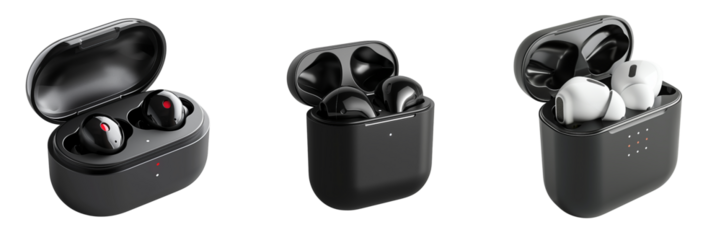 set of a pair of wireless earbuds in a charging case on transparent background