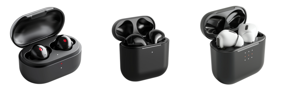 set of a pair of wireless earbuds in a charging case on transparent background