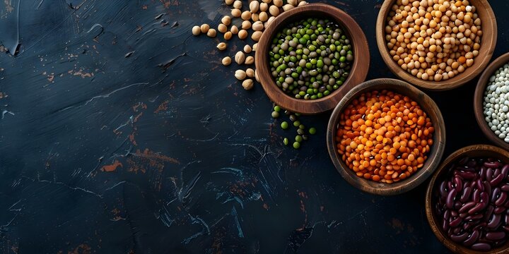 Assorted legumes in wooden bowls on dark background flat lay composition. Concept Food Photography, Flat Lay Styling, Dark Background, Wooden Bowls, Assorted Legumes