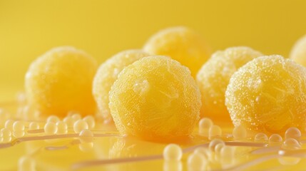 close-up shot of several golden spheres, seemingly made of a sugary substance, arranged on a yellow platform. The spheres are glistening and appear to be on a stage, bathed in warm light.