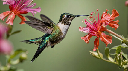 Fototapeta premium The Hummingbird. Flying from Flower to Nectar