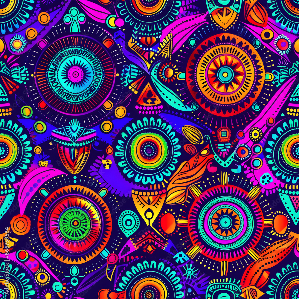 Aufkleber ethnic psychedelic look created by seamless pattern with vibrant neon colors and geometric shapes
