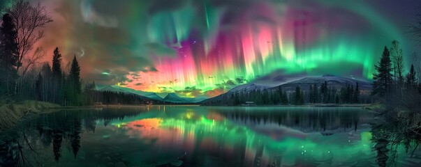 Fototapeta premium Northern Lights in shades of green and pink illuminating the dark sky, reflected on a serene lake, long exposure shot, ethereal and mesmerizing scene