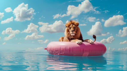 Lion Relaxing on a Pink Inflatable Ring