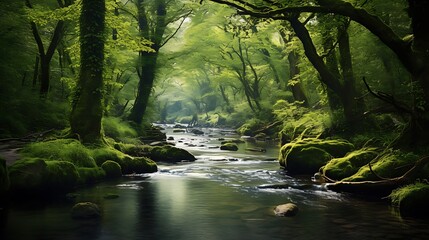 A calm river flowing through a dense forest in spring