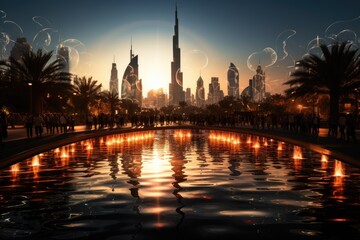 Fototapeta premium Dubai, United Arab Emirates, the source of Dubai (Dubai Fountain), a show of water and light., generative IA