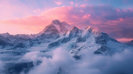 Fototapeta premium Mountain peaks emerging from morning mist, soft pastel sunrise colors, wide-angle shot, serene and majestic scene