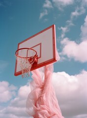 A basketball hoop artfully wrapped in pink fabric, dramatically billowing against a cloudy sky, merging the elements of sport and high-concept art in a surreal scene.